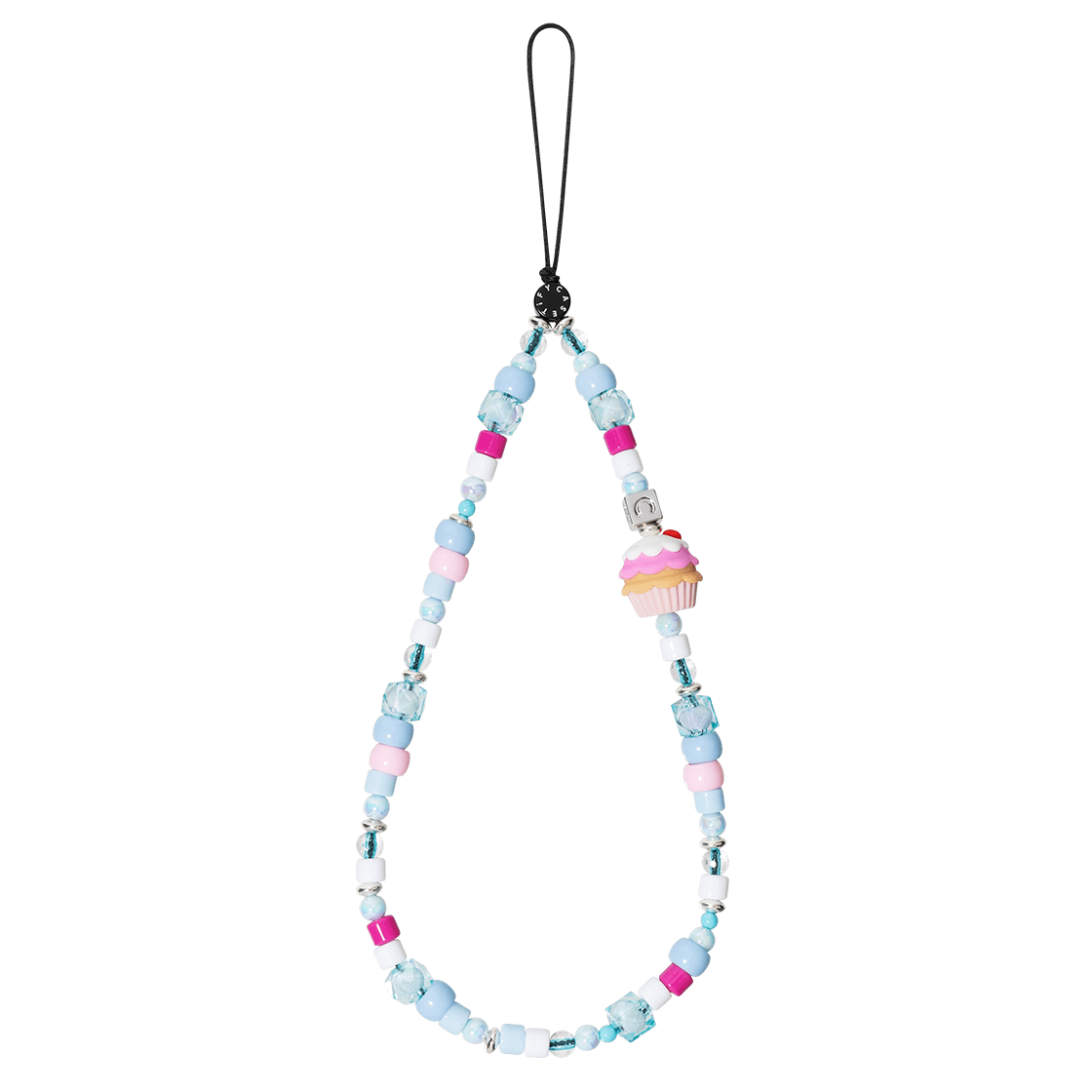 Cute Cupcake Phone Charm, Pastel Blue and Pink Beaded Phone Strap Wristlet