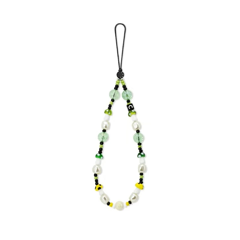 Cute Mushroom Pearl Phone Strap, Green Mushroom and Baroque Pearl Beaded Phone Charm Wristlet