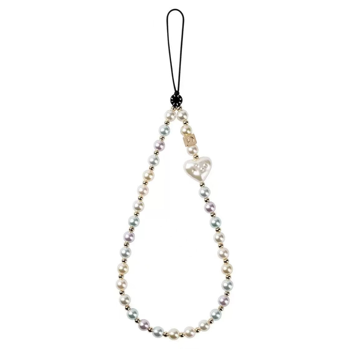 Pastel Pearl Phone Strap, Cute Pearl Heart Beaded Phone Charm Wristlet