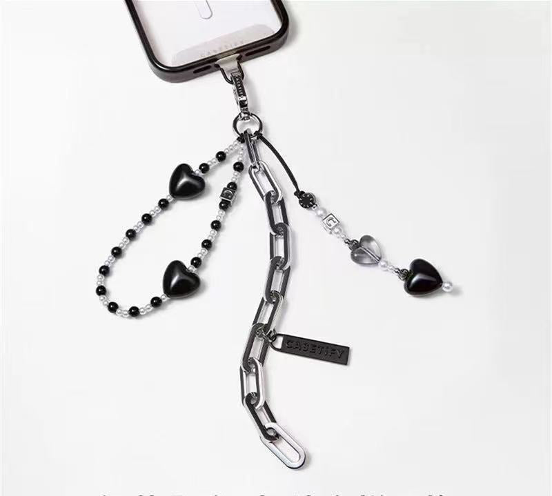 Gothic Black Heart Phone Chain, Silver Metal Link Chain Phone Strap Wristlet