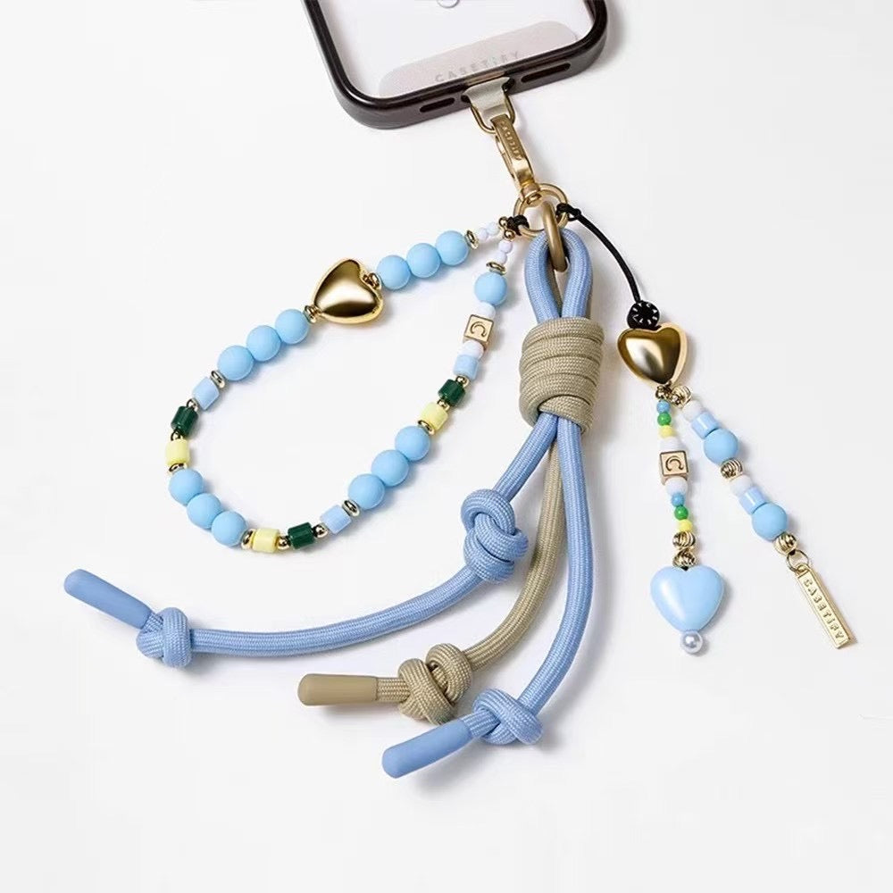 Blue Paracord Phone Strap, Gold Heart Charm and Pastel Beaded Multi-Tassel Phone Lanyard