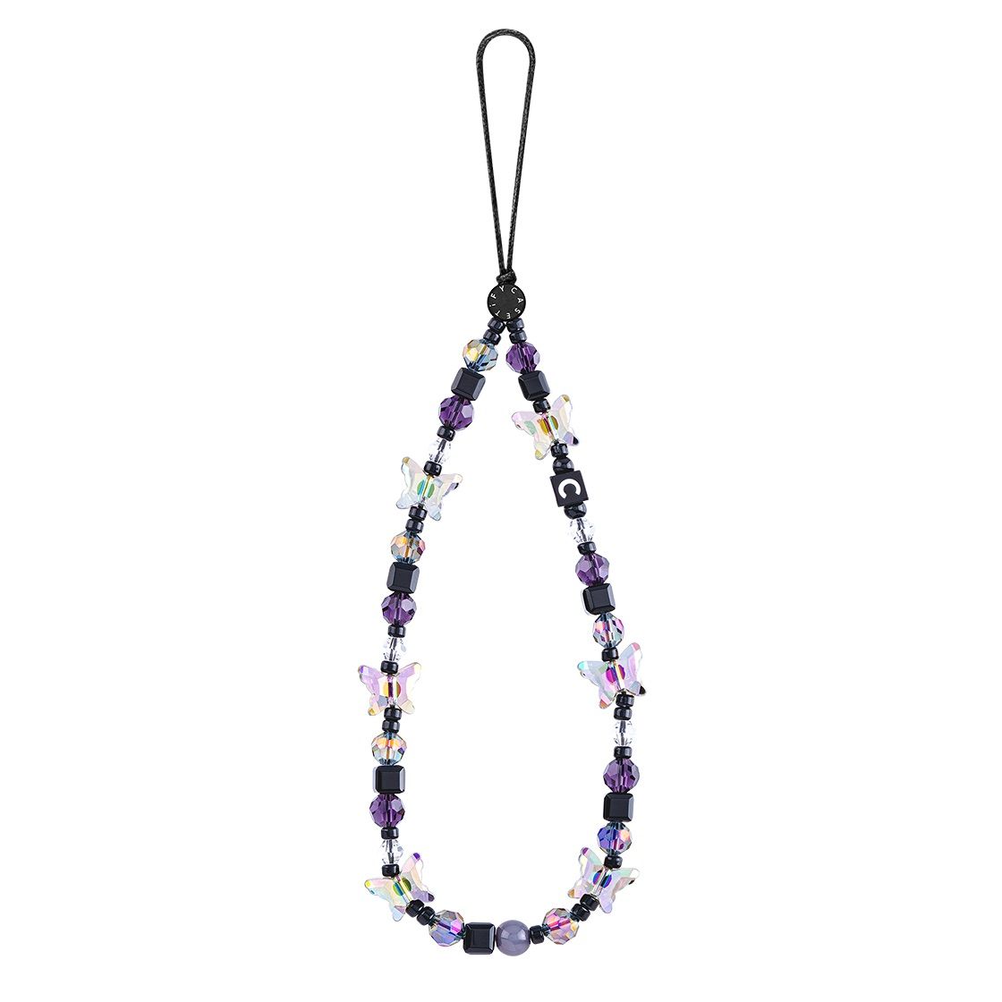 Dark Purple Butterfly Phone Strap, Crystal Bowknot and Black Beaded Phone Charm Wristlet