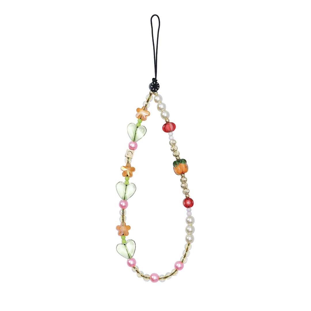 Cute Green Heart Phone Charm, Colorful Fruit and Flower Beaded Phone Strap Wristlet