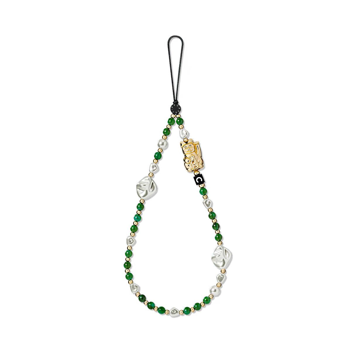 Gold Lucky Cat Phone Charm, Retro Green and Pearl Beaded Phone Strap Wristlet