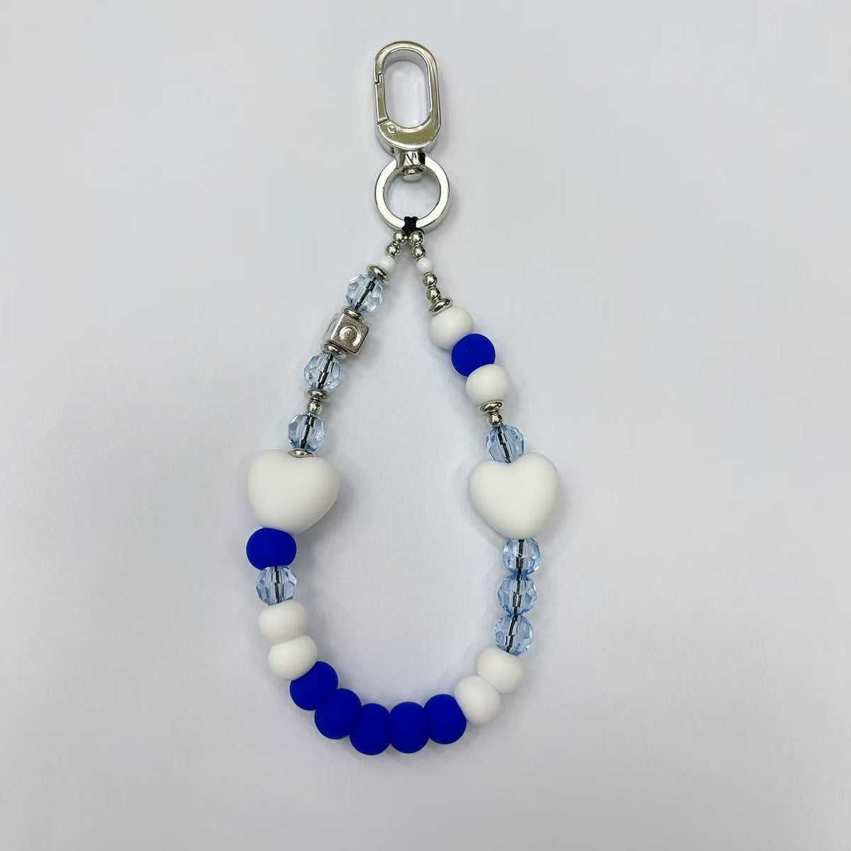 Blue & White Heart Phone Charm | Beaded Case Lanyard