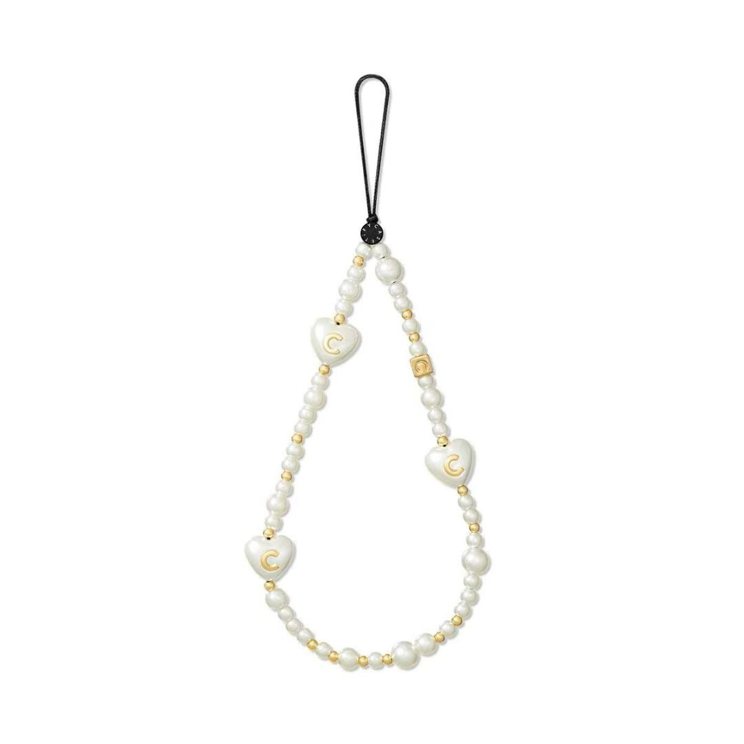 Gold Heart Pearl Phone Charm | White Beaded Case Strap