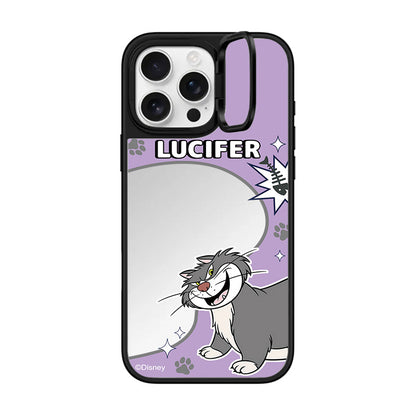 Disney Lucifer Cat Purple Mirror Case with Flip Lens Stand for iPhone 17 16 Pro Max