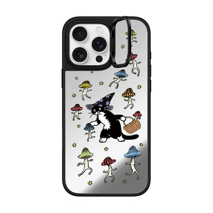 Cute Wizard Cat Mushroom Mirror Case with Flip Lens Stand for iPhone 17 16 Pro Max
