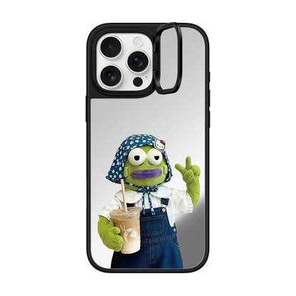 Funny Green Frog Meme Mirror Case with Flip Lens Stand for iPhone 17 16 Pro Max