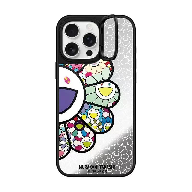 Takashi Murakami Rainbow Flower Mirror Case with Flip Lens Stand for iPhone 17 16 Pro Max