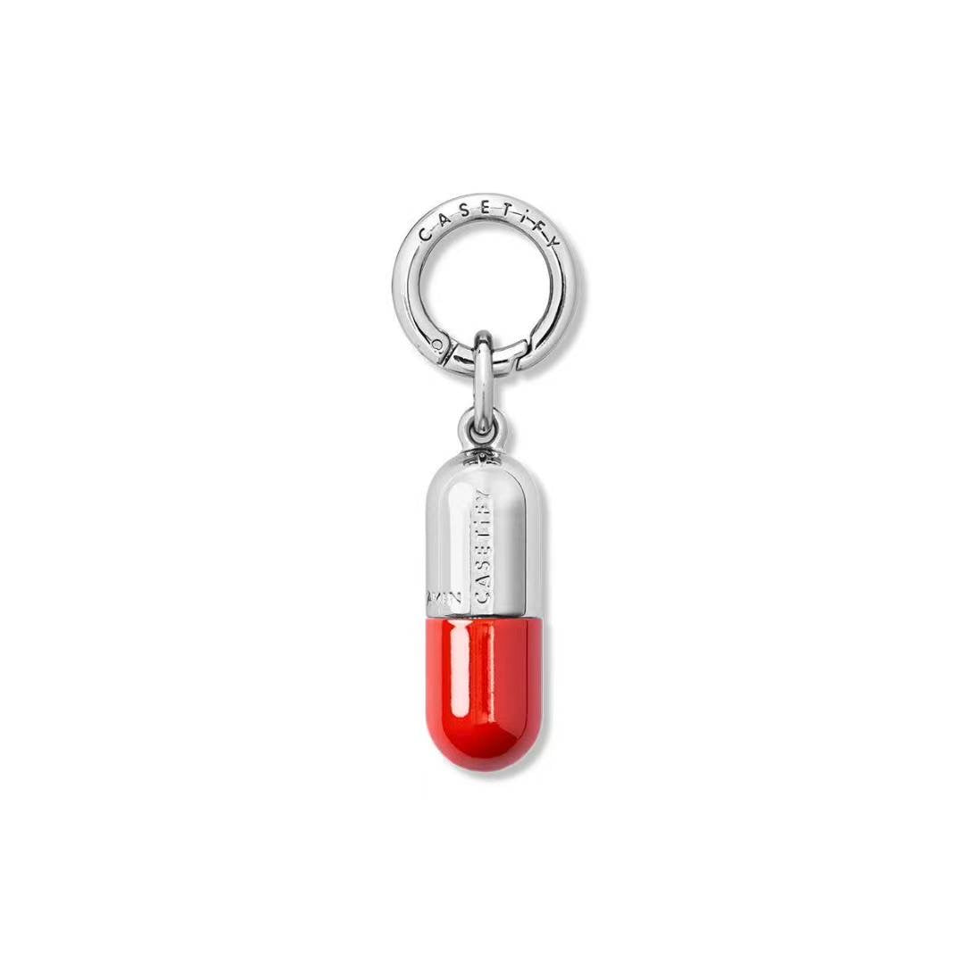 Silver & Red Capsule Phone Charm | Metal Pill Case Pendant