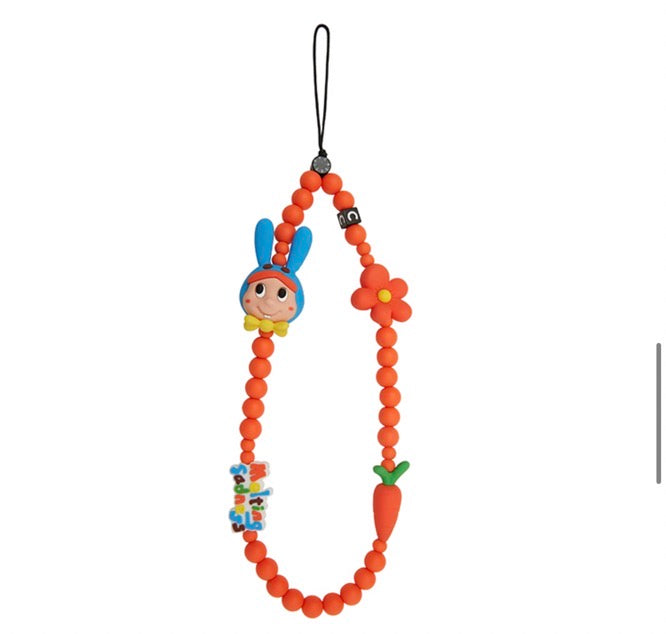 Melting Sadness Blue Bunny Phone Charm, Cute Orange Beaded Phone Strap Wristlet