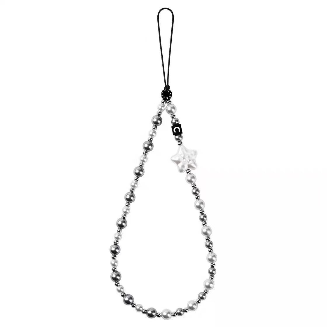Metallic Silver and Pearl Phone Strap, Cute Silver Star Beaded Phone Charm Wristlet