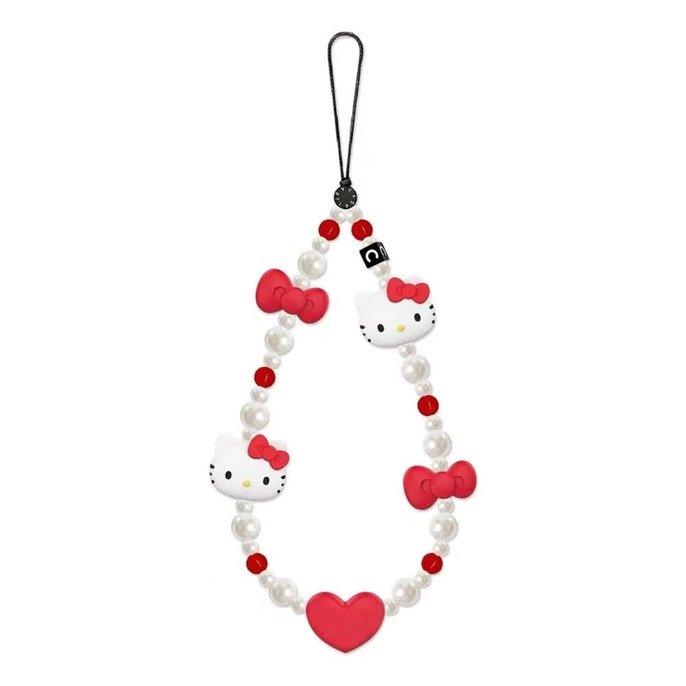 Hello Kitty Beaded Phone Strap, Red Bow & Pearl Phone Charm Wristlet