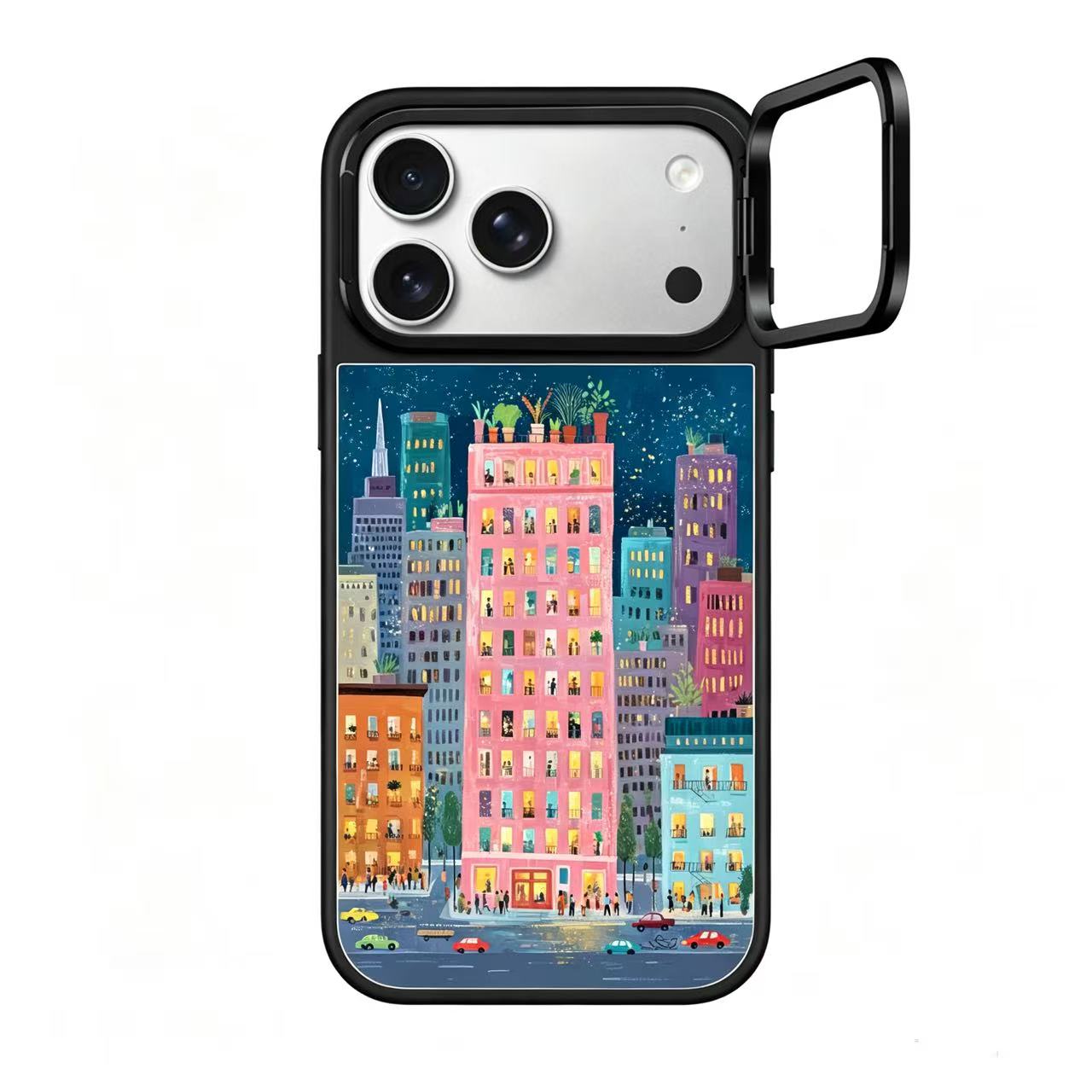 Pink Building City Night Mirror Case with Flip Lens Stand for iPhone 17 16 Pro Max