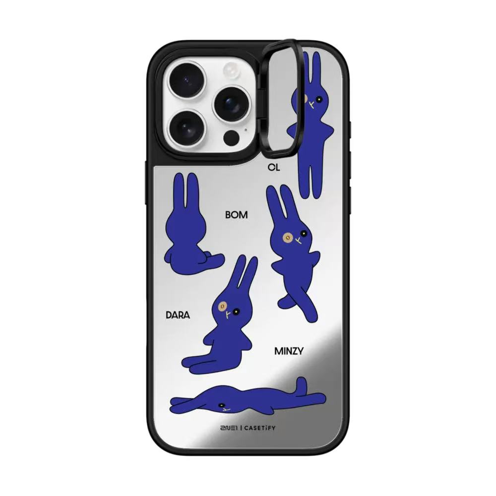 Kpop 2NE1 Cute Blue Bunny Mirror Case with Flip Lens Stand for iPhone 17 16 Pro Max
