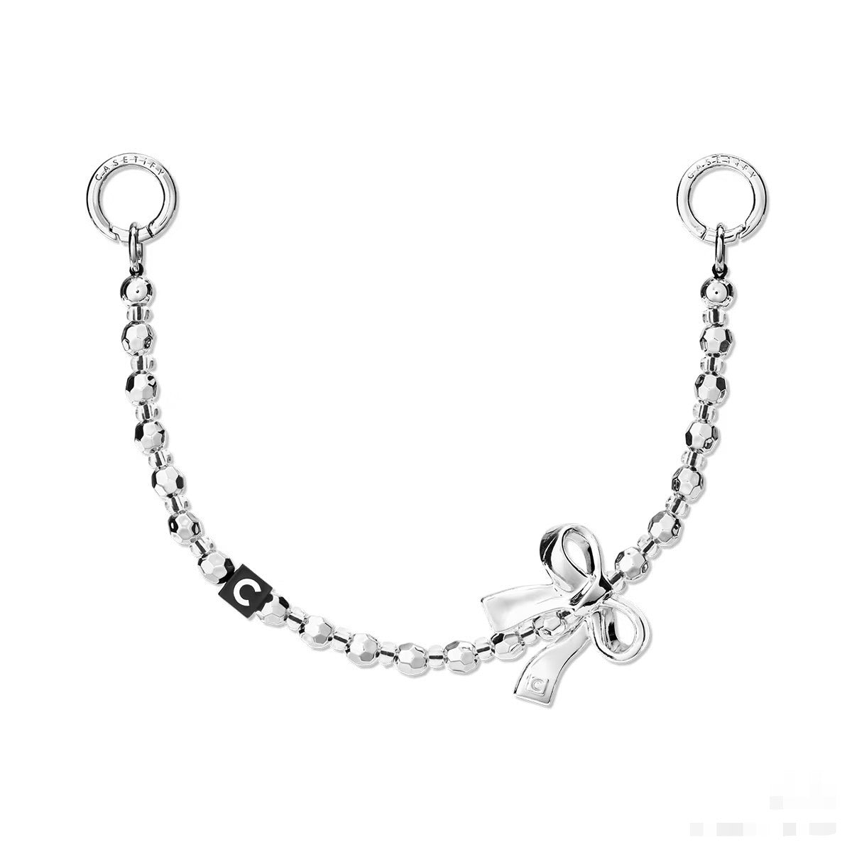 Silver Metallic Beaded Phone Chain | Metal Bow Charm Strap