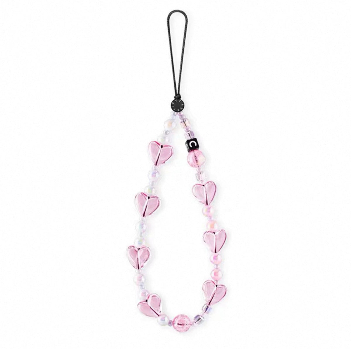 Clear Pink Heart Phone Strap, Iridescent Pearl and Crystal Heart Beaded Phone Charm Wristlet