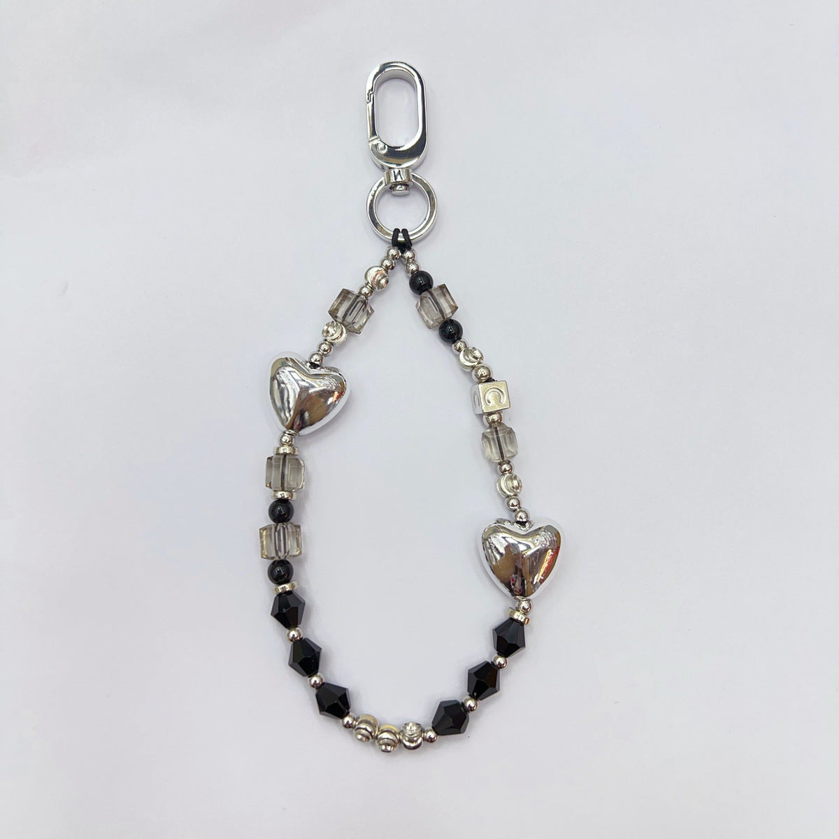 Silver Heart Black Phone Charm | Goth Beaded Case Strap