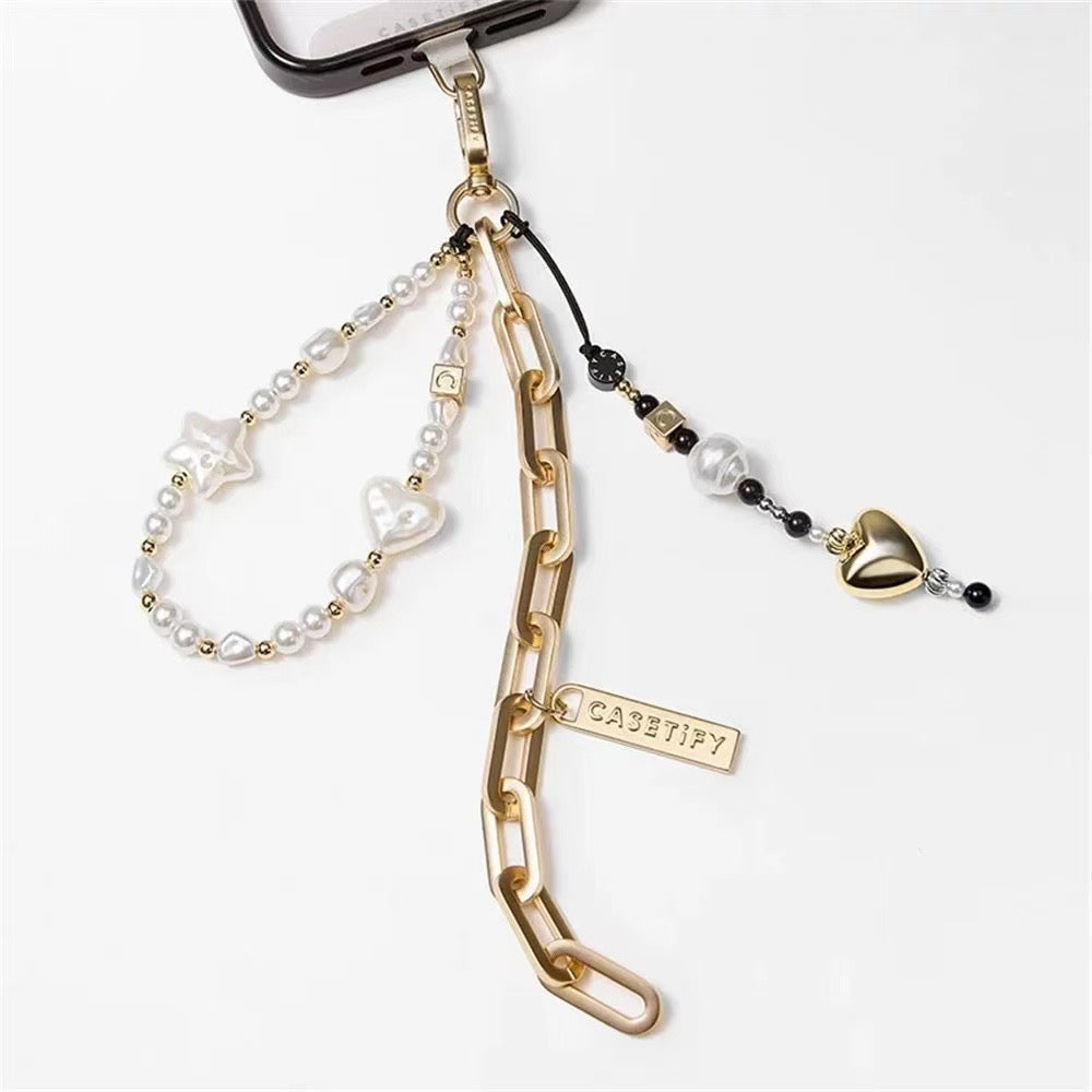Gold Metal Chain Phone Strap, Baroque Pearl and 3D Heart Charm Multi-Tassel Phone Lanyard