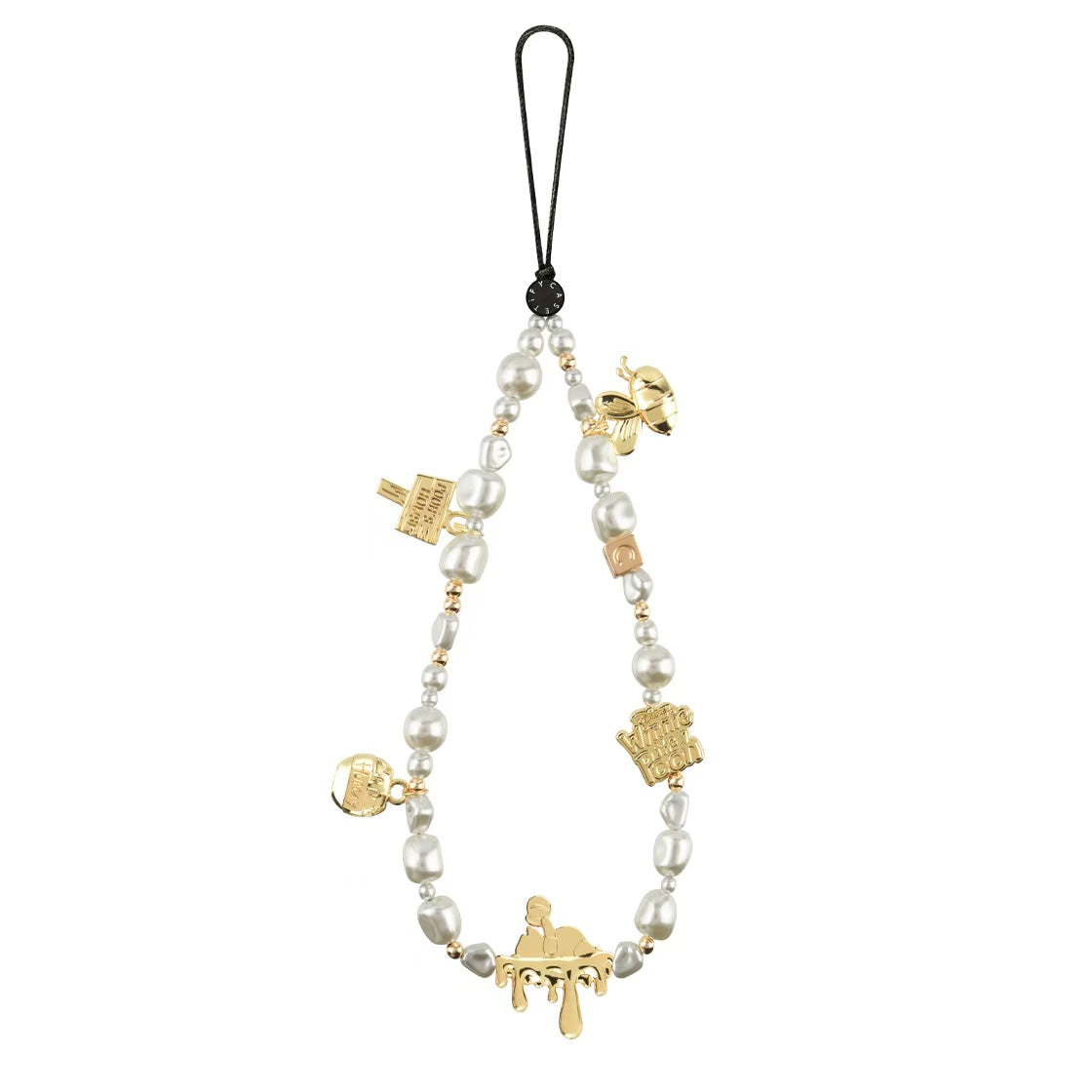 Winnie the Pooh Pearl Phone Charm, Gold Honey Bee Beaded Phone Strap Wristlet