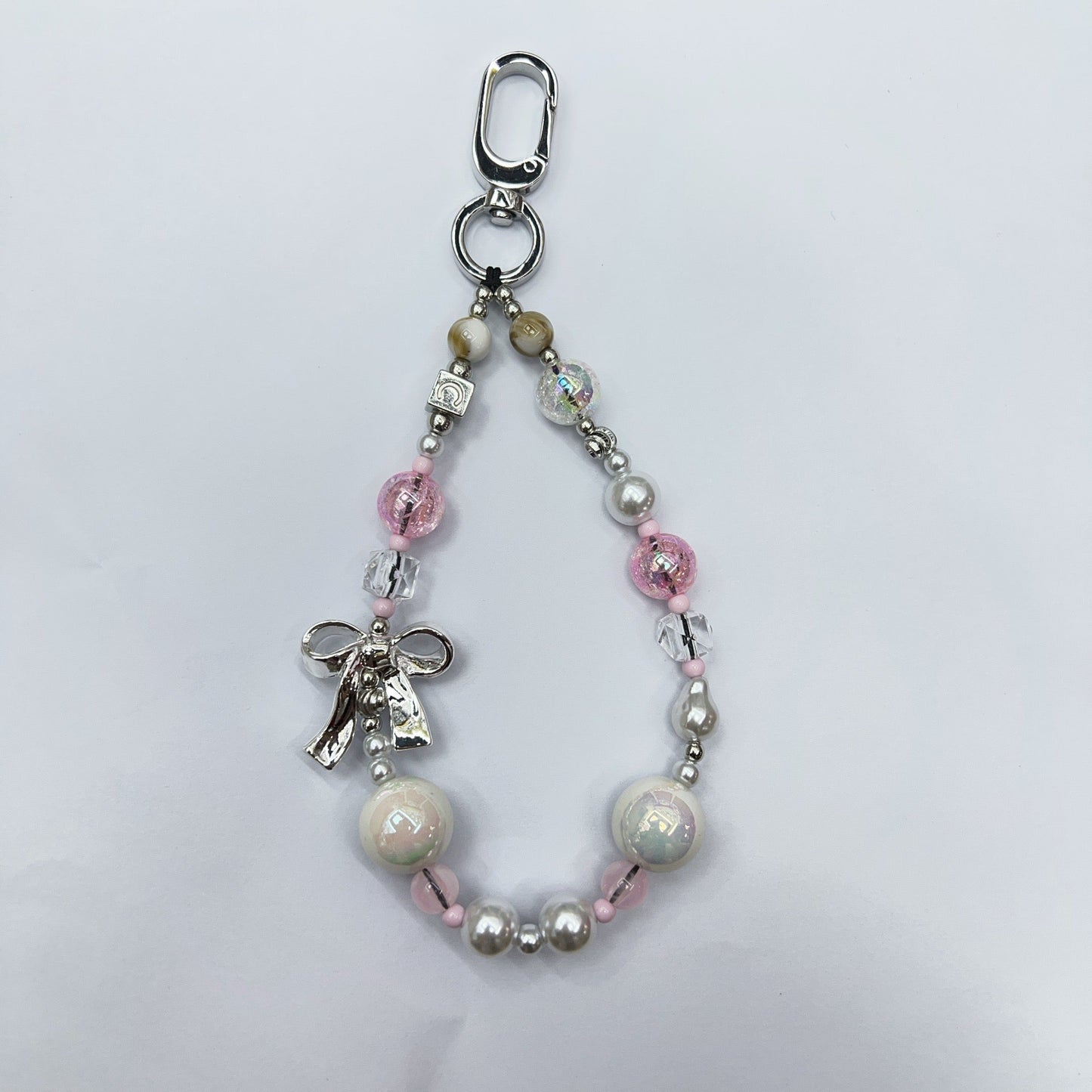 Silver Bow Phone Charm | Pink & White Beaded Case Strap