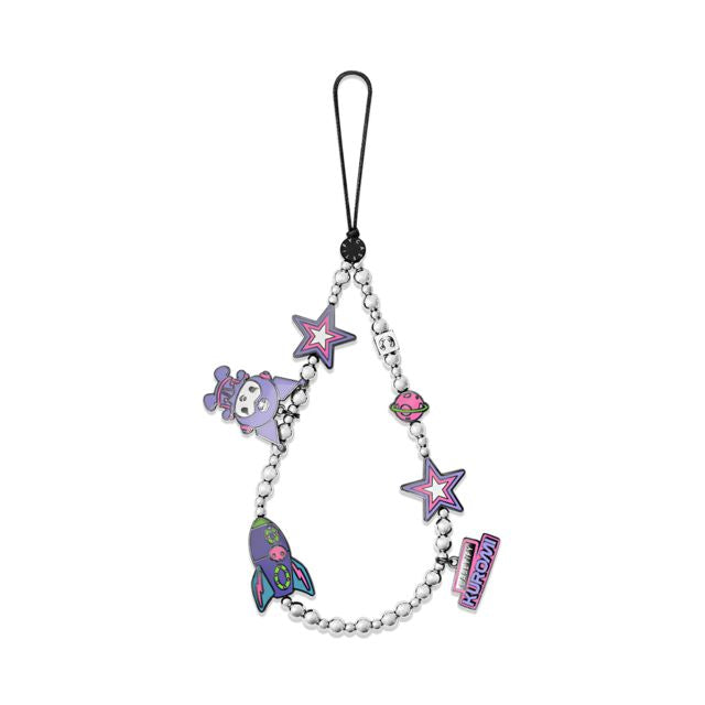 Kuromi Space Pearl Phone Charm, Metallic Silver Star Rocket Phone Strap Wristlet
