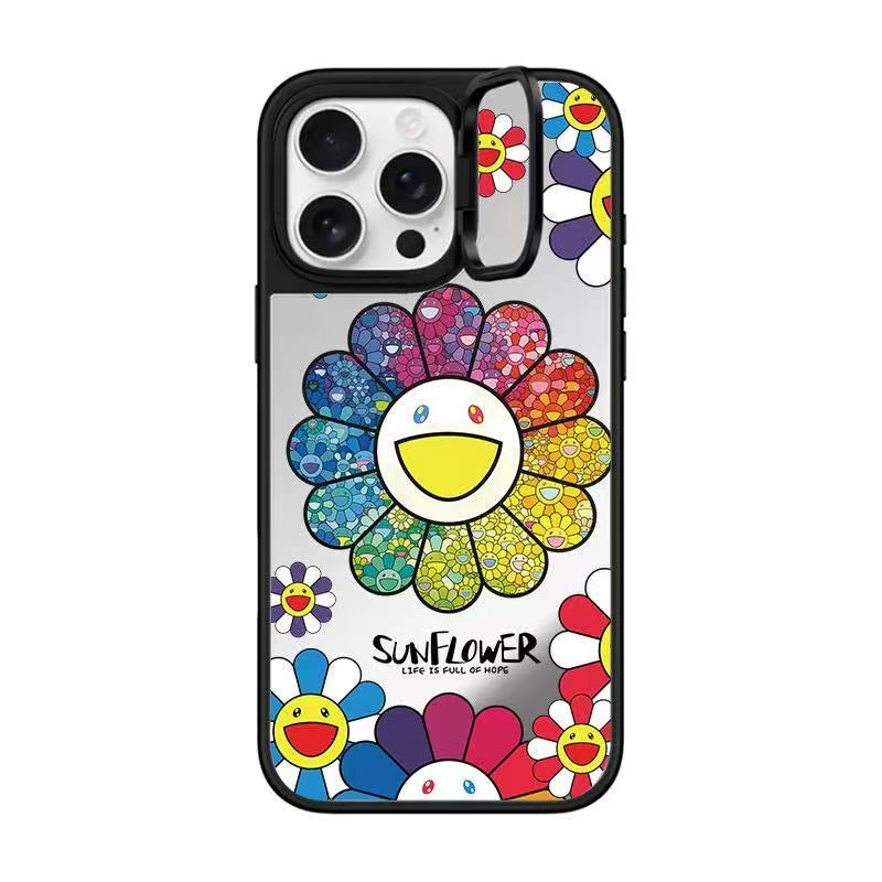 Takashi Murakami Rainbow Flower Mirror Case with Flip Lens Stand for iPhone 17 16 Pro Max