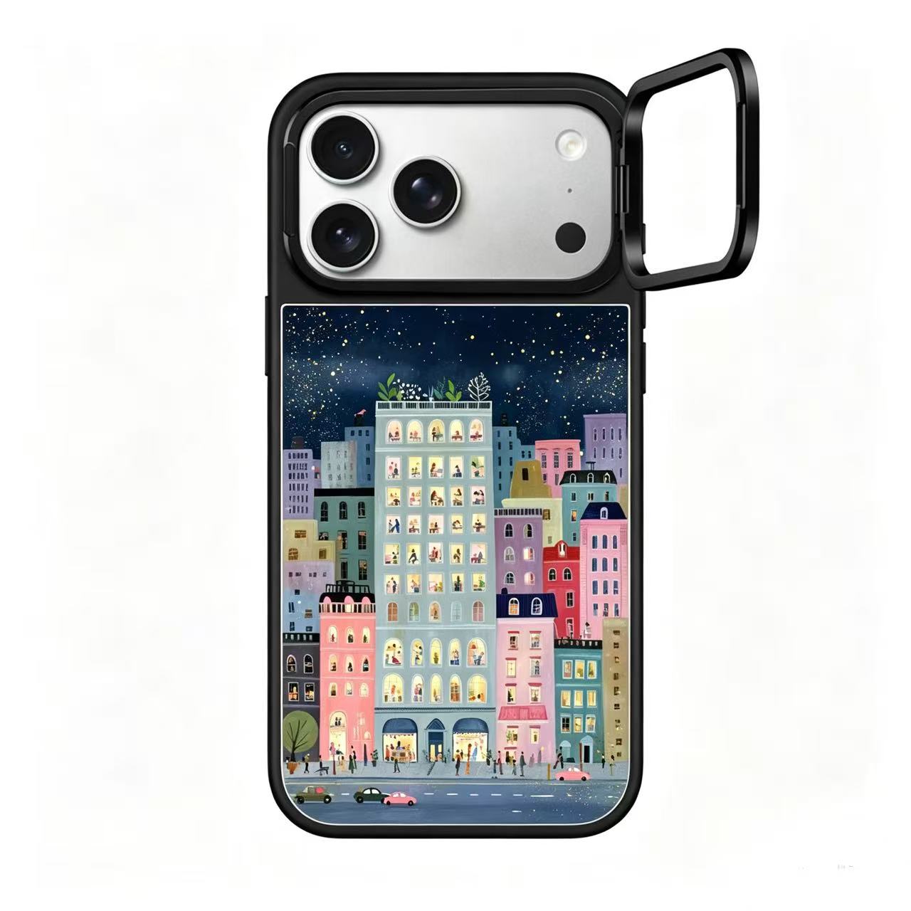 Midnight City Lights Mirror Case with Flip Lens Stand for iPhone 17 16 Pro Max