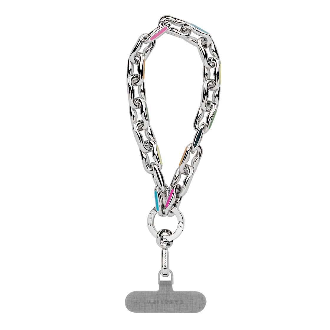 Chunky Silver Metal Phone Wristlet, Colorful Enamel Accent Chain Phone Strap