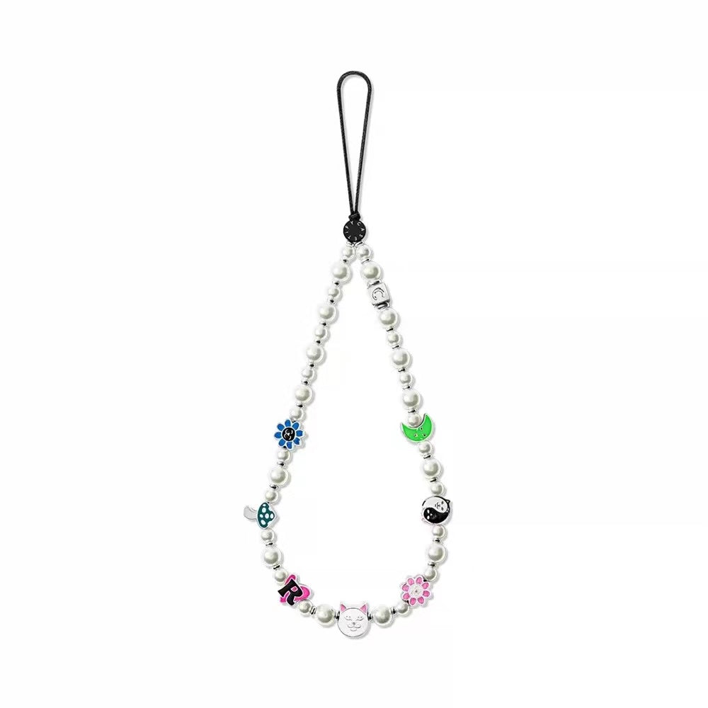Pearl Phone Strap with Enamel Charms, Cute Cat and Yin Yang Beaded Phone Wristlet