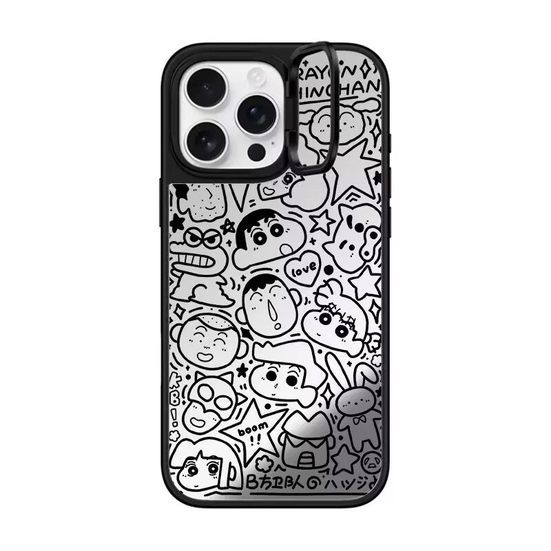 Crayon Shin-chan Doodle Mirror Case with Flip Lens Stand for iPhone 17 16 Pro Max