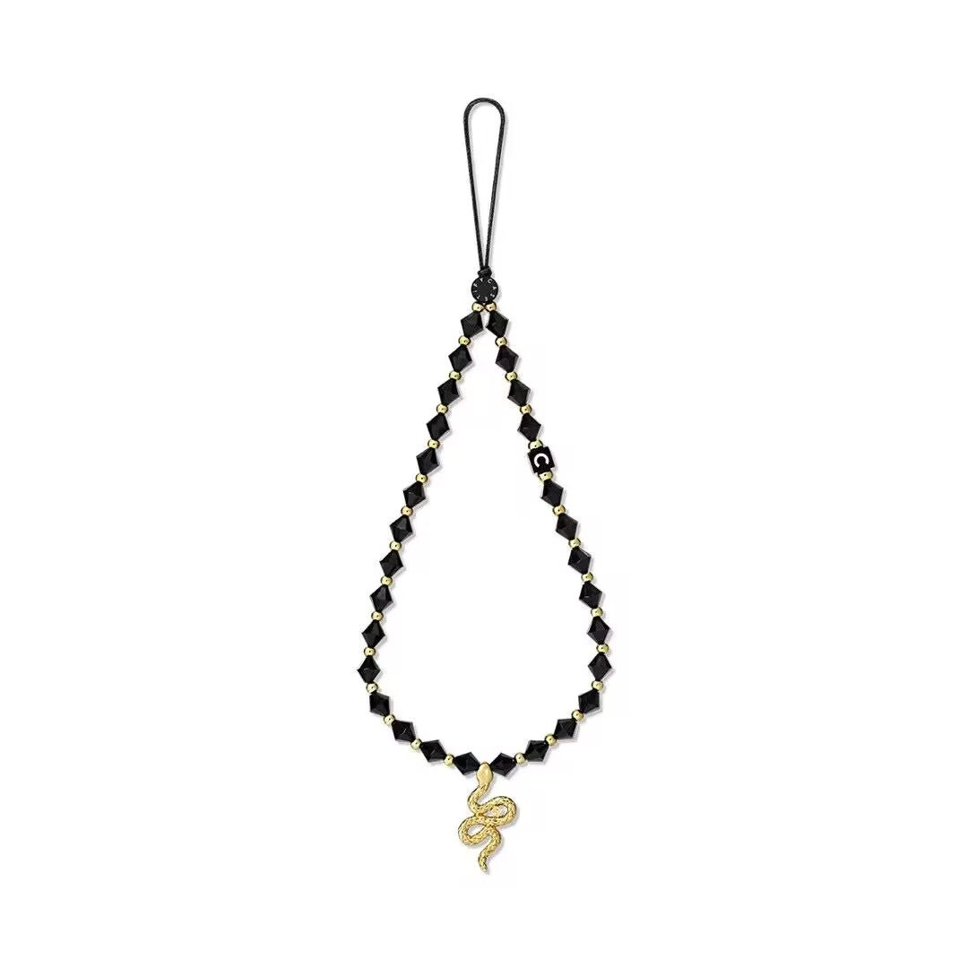 Gold Snake Phone Charm, Black Crystal Beaded Phone Strap Wristlet for Year of the Snake
