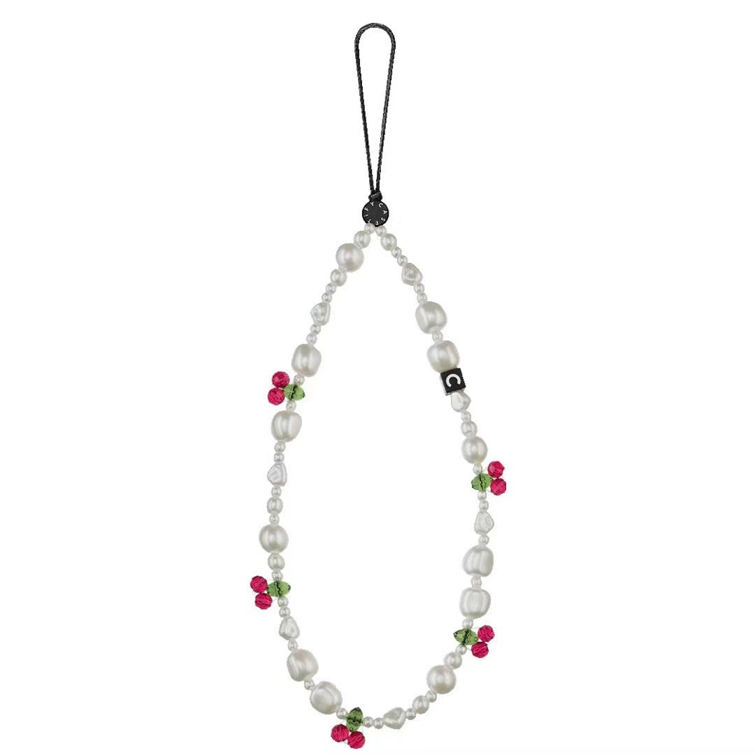 Baroque Pearl Phone Strap, Cute Crystal Cherry Beaded Phone Charm Wristlet