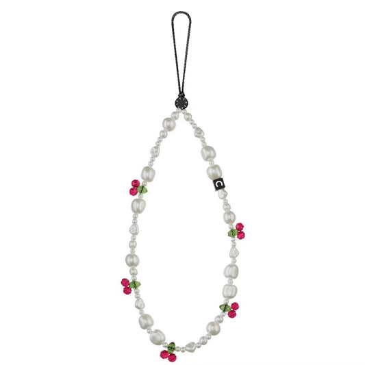 Baroque Pearl Phone Strap, Cute Crystal Cherry Beaded Phone Charm Wristlet