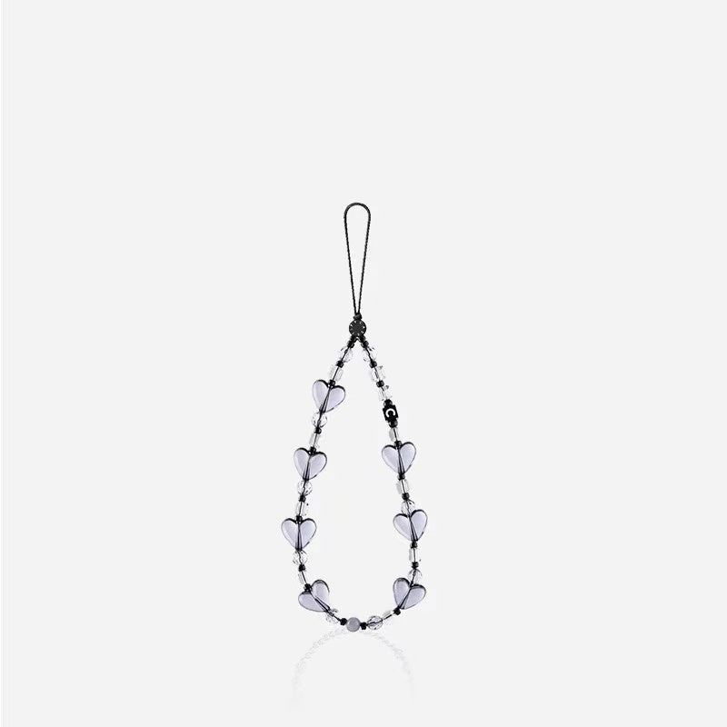 Clear Purple Heart Phone Strap, Smoky Grey Crystal Heart Beaded Phone Charm Wristlet