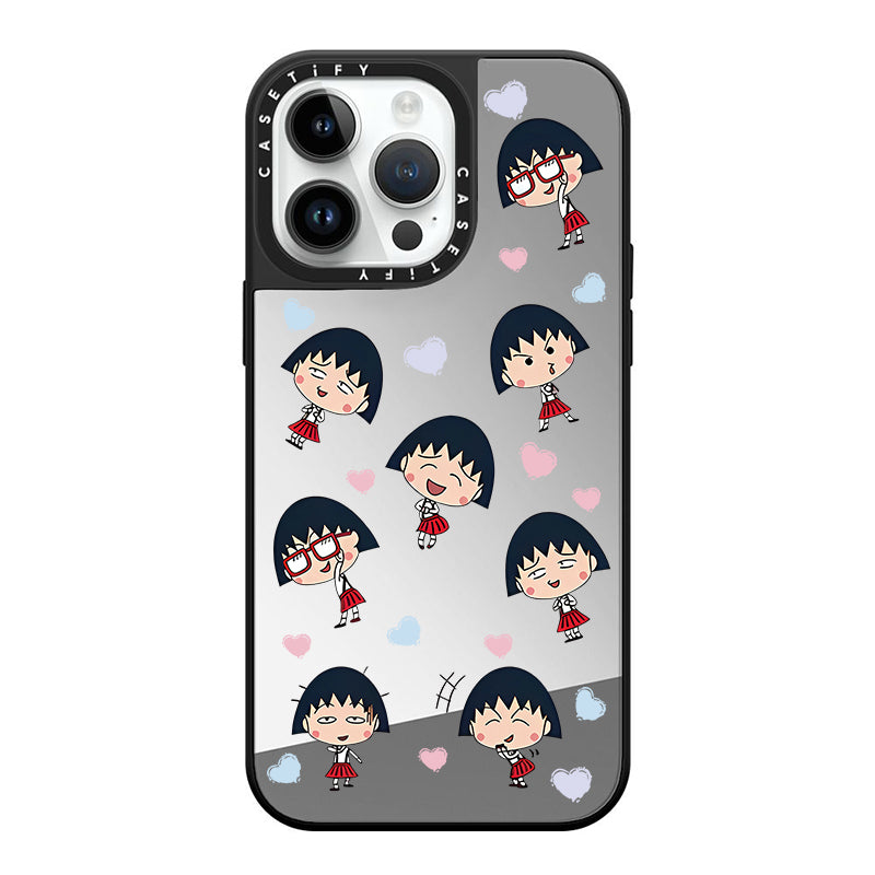 Chibi Maruko-chan Hearts Mirror Case with Flip Lens Stand for iPhone 17 16 Pro Max