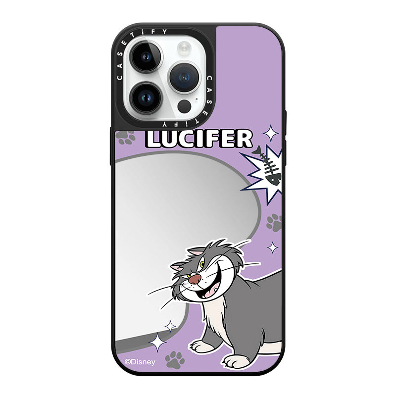 Disney Lucifer Cat Purple Mirror Case with Flip Lens Stand for iPhone 17 16 Pro Max