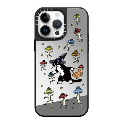 Cute Wizard Cat Mushroom Mirror Case with Flip Lens Stand for iPhone 17 16 Pro Max