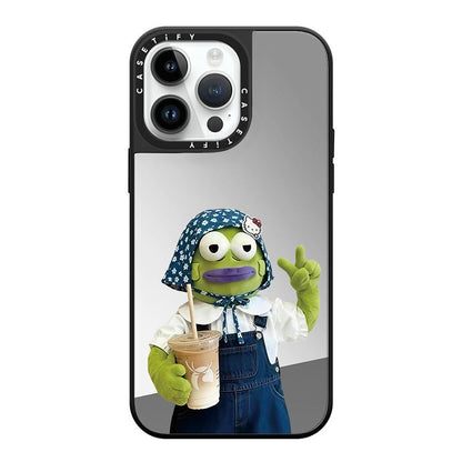 Funny Green Frog Meme Mirror Case with Flip Lens Stand for iPhone 17 16 Pro Max