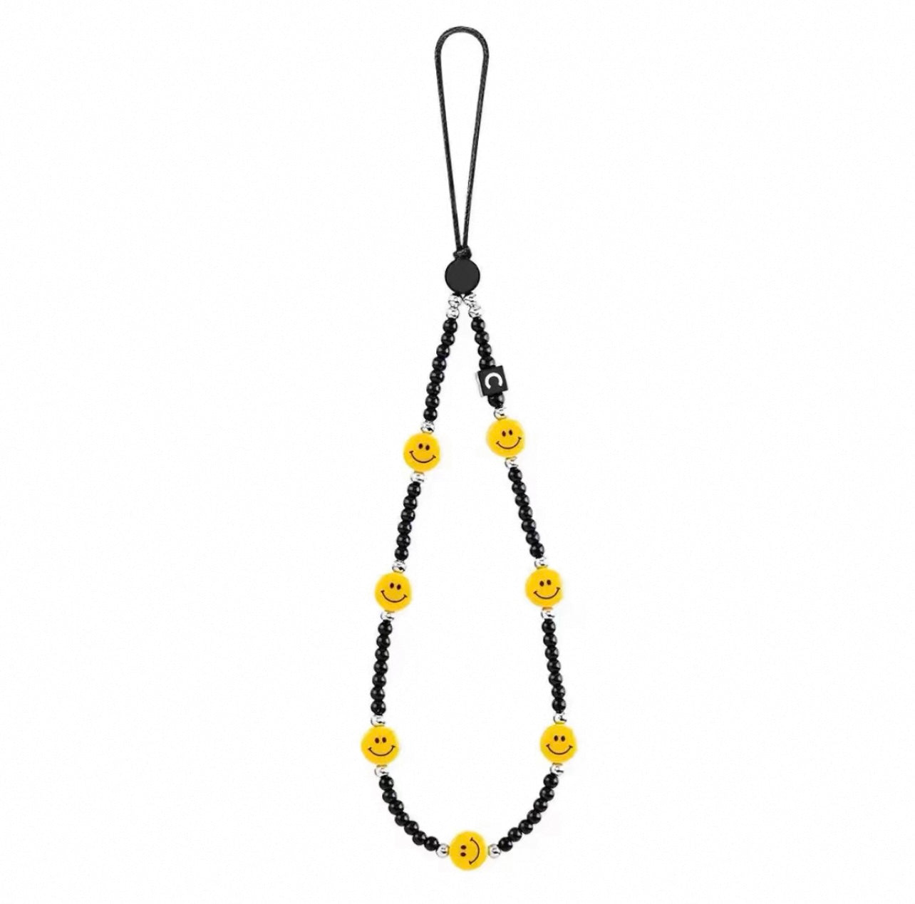 Yellow Smiley Face Phone Strap, Cool Black and Yellow Beaded Phone Charm Wristlet