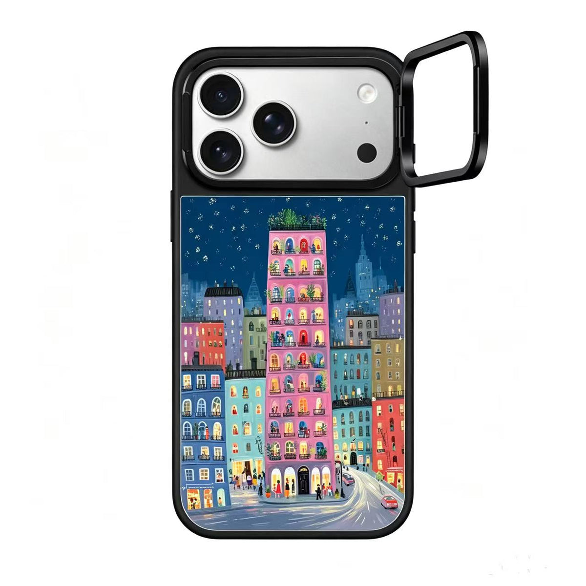 Pink Apartment City Night Mirror Case with Flip Lens Stand for iPhone 17 16 Pro Max