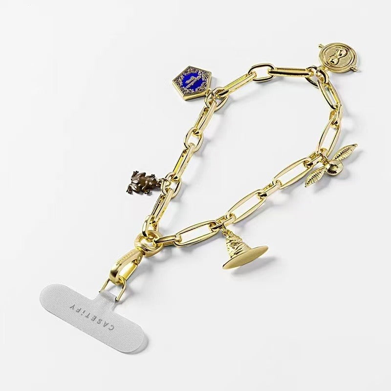 Harry Potter Phone Lanyard Chain, Gold Metal Link Chain Phone Strap with Magic Charms