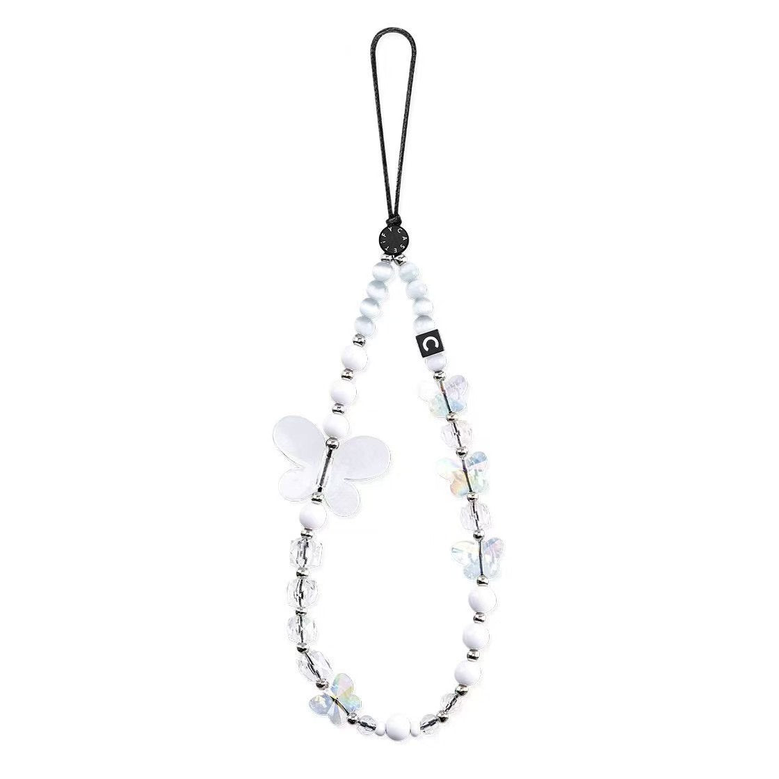 Aesthetic White Butterfly Phone Charm, Clear Crystal Beaded Phone Strap Wristlet