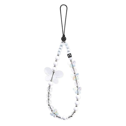 Aesthetic White Butterfly Phone Charm, Clear Crystal Beaded Phone Strap Wristlet