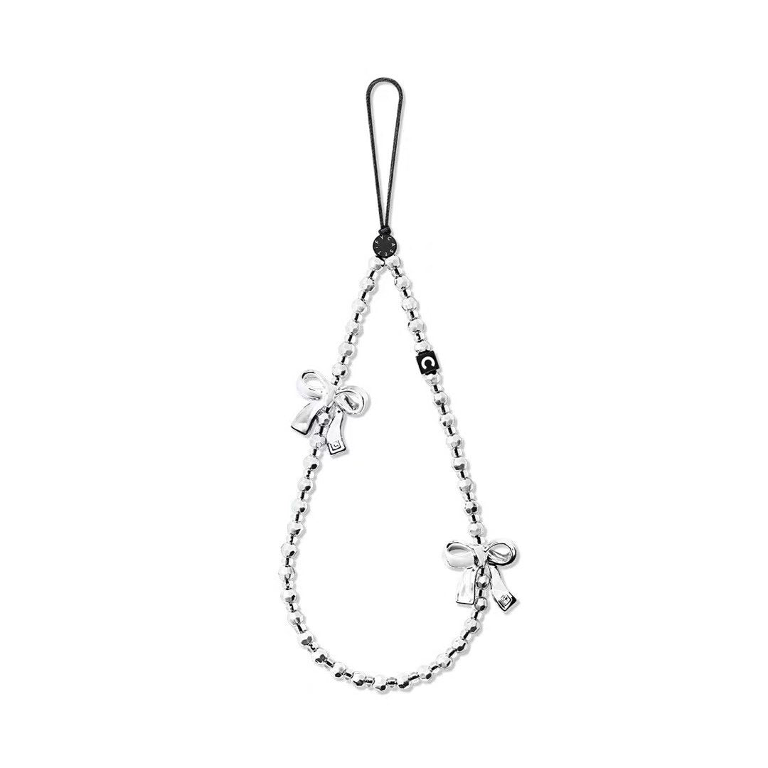Metallic Silver Bowknot Phone Strap, Cute Dual Ribbon Bow Beaded Phone Charm Wristlet