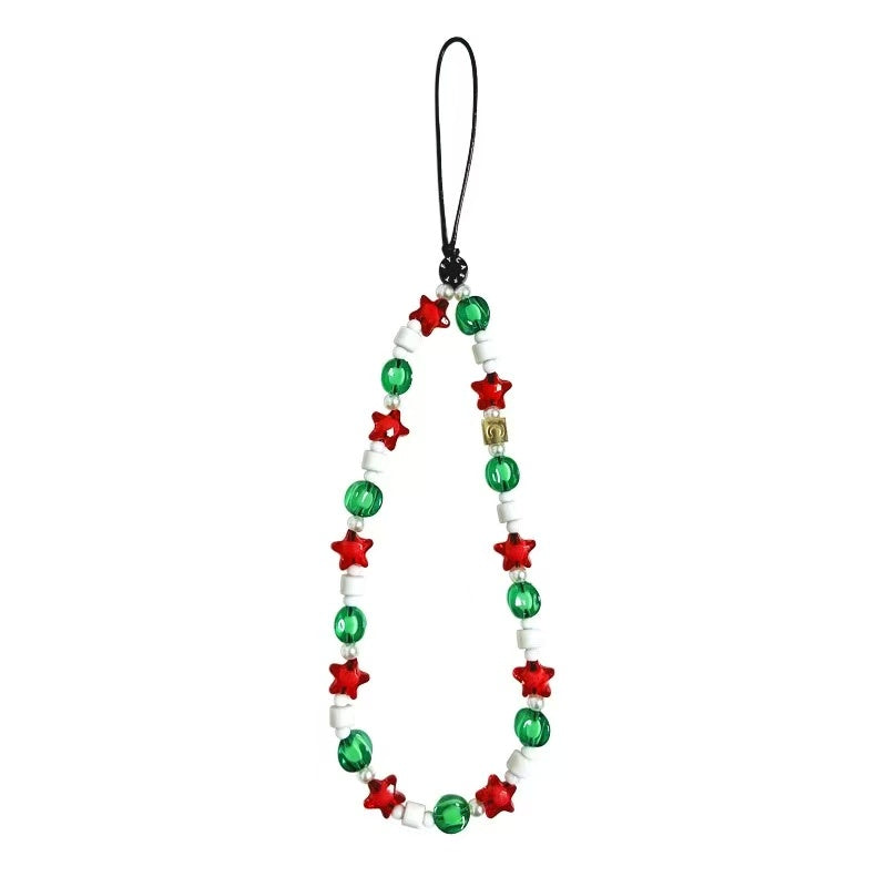 Christmas Red Green Phone Strap, Cute Red Star and Emerald Green Beaded Phone Charm Wristlet