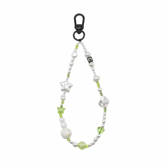 Baroque Pearl Phone Strap, Cute Green Star and Crystal Flower Beaded Phone Charm Wristlet