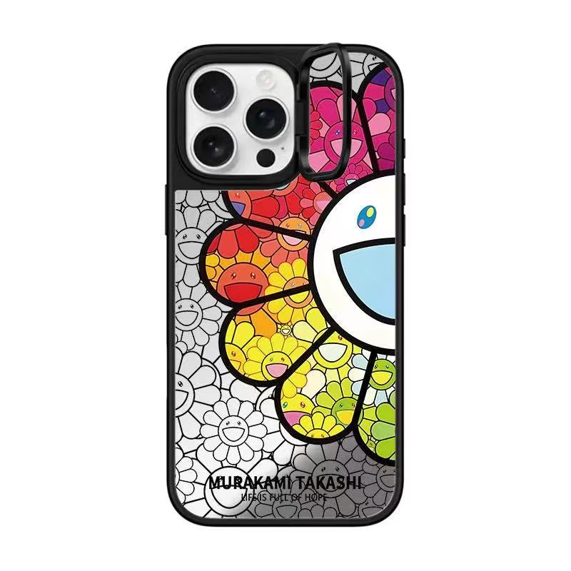 Takashi Murakami Rainbow Flower Mirror Case with Flip Lens Stand for iPhone 17 16 Pro Max
