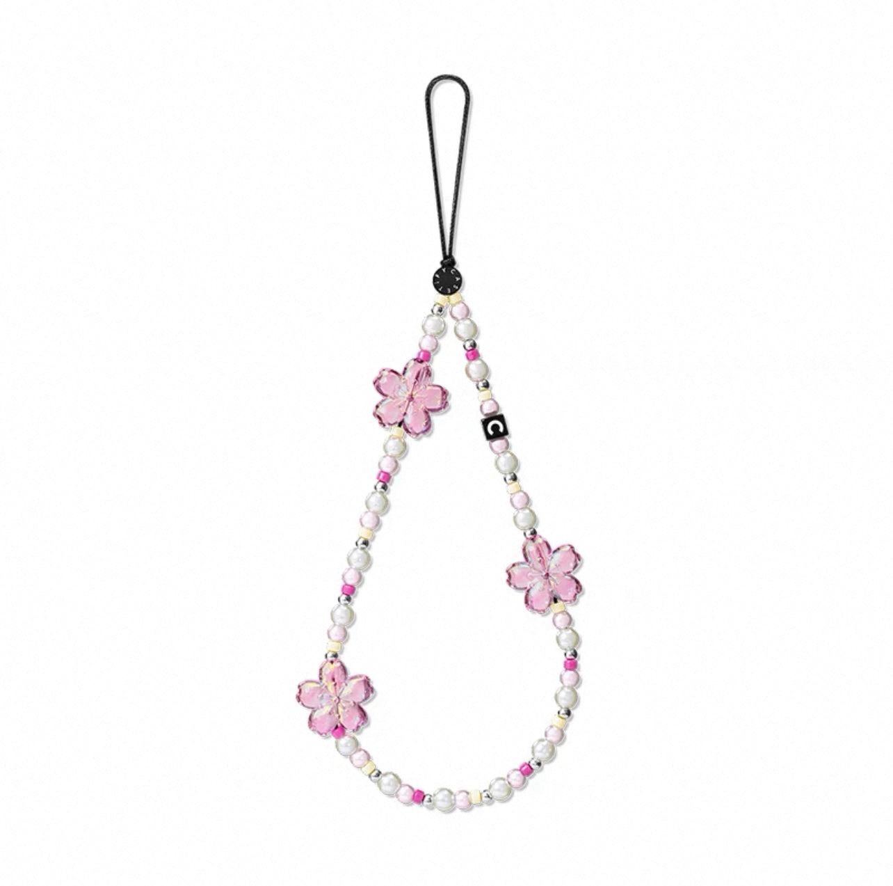 Cute Pink Sakura Cherry Blossom Phone Charm, Pearl Beaded Phone Strap Wristlet
